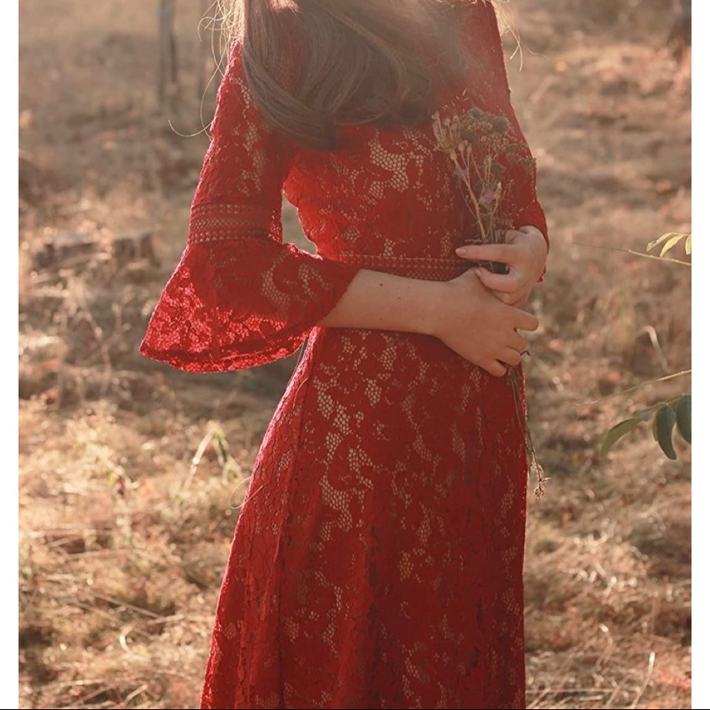 MISSMAY Full Lace Contrast Bell Sleeve Formal Long Dress Red Size S NWT - Picture 2 of 15